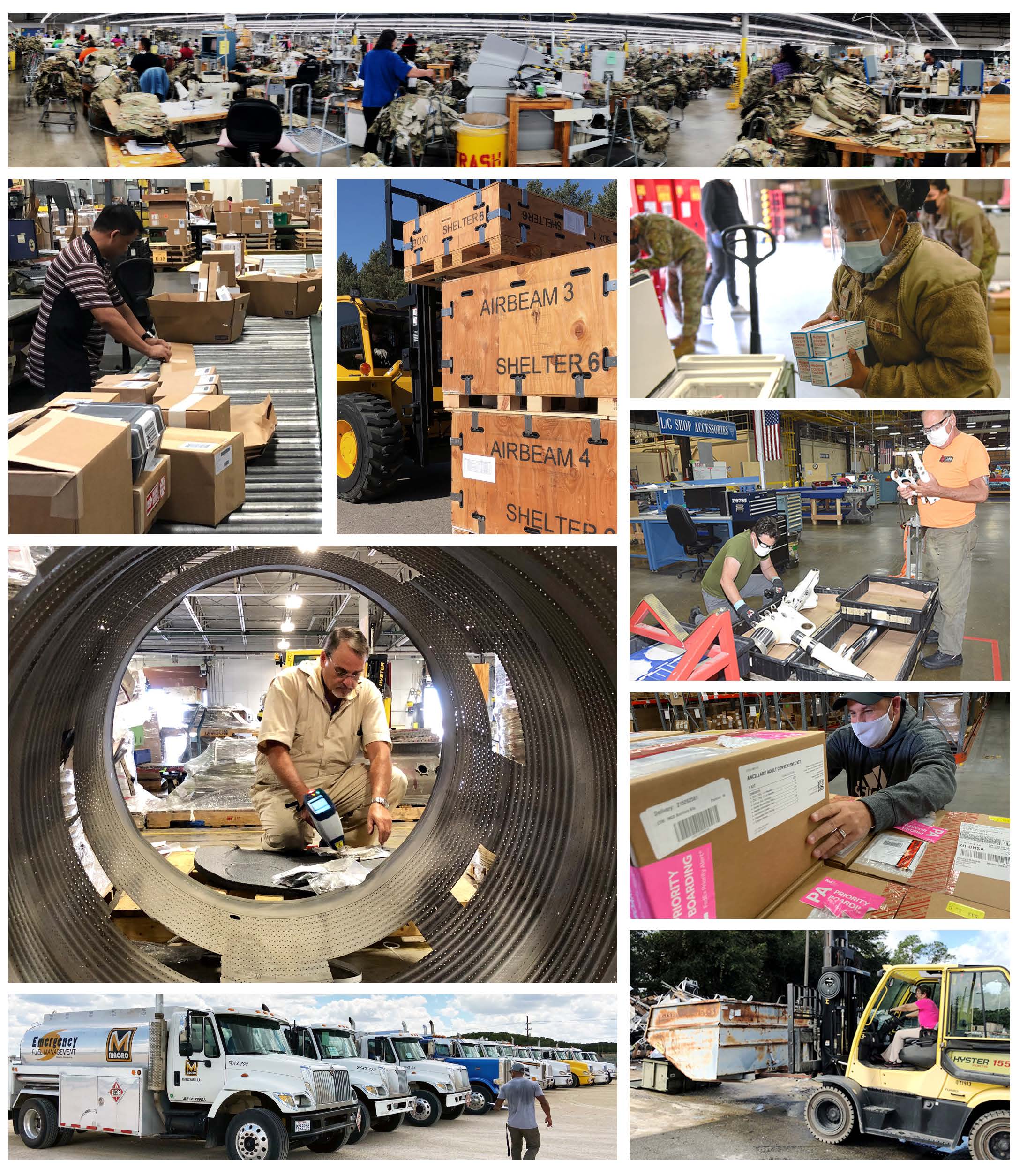 A photo montage showing warehousing, fuel, delivery, disposition and other areas of DLA support